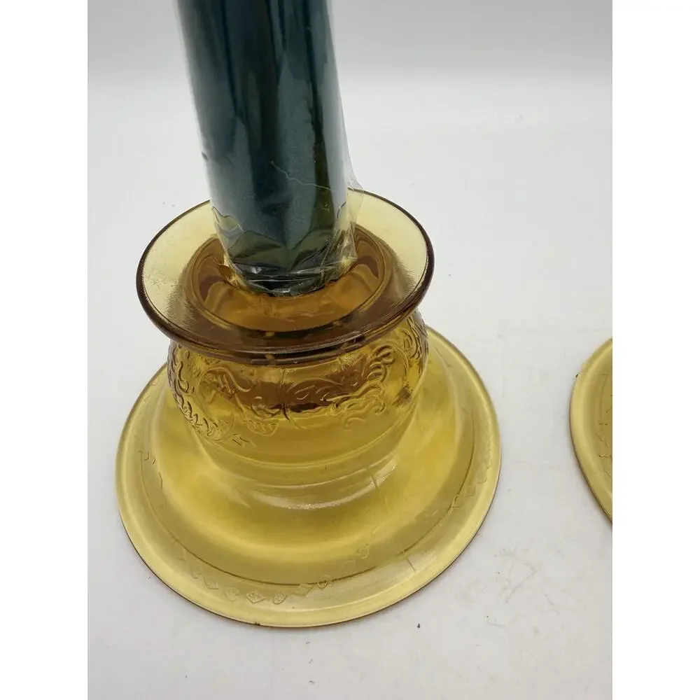Federal Madrid Amber Depression Glass Votive Candle Holders Set Of 2 Vintage